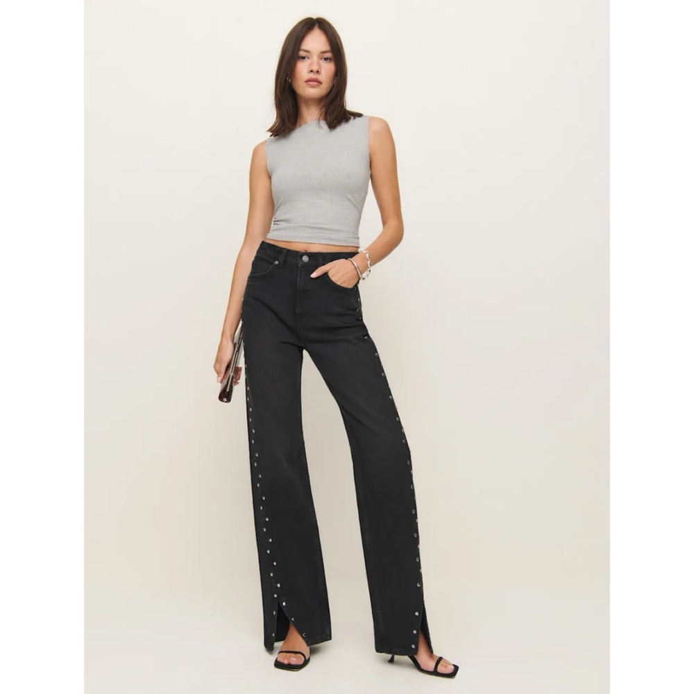 Reformation Cary Studded High-Rise Slouchy Straight-Leg Jeans Vana Black - Picture 12 of 14